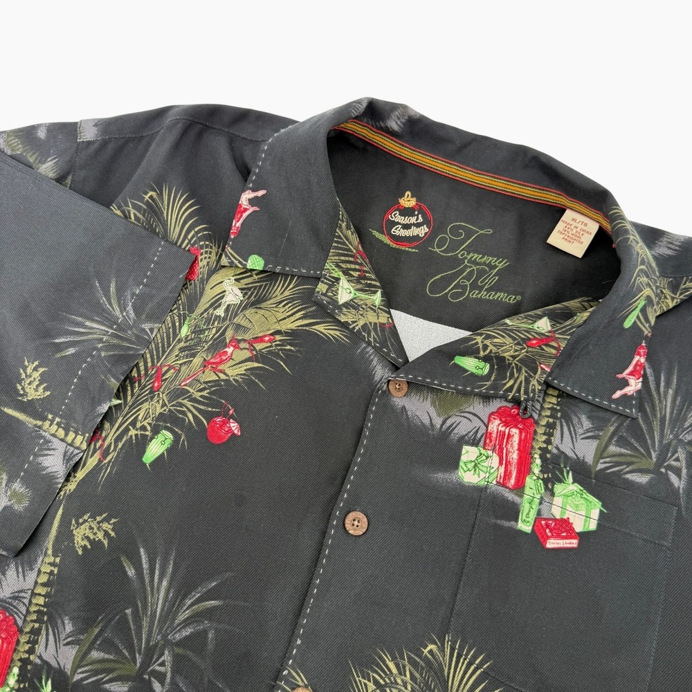 Tommy Bahama Season's Greetings Christmas Camp Shirt Black Men XL Silk Wool